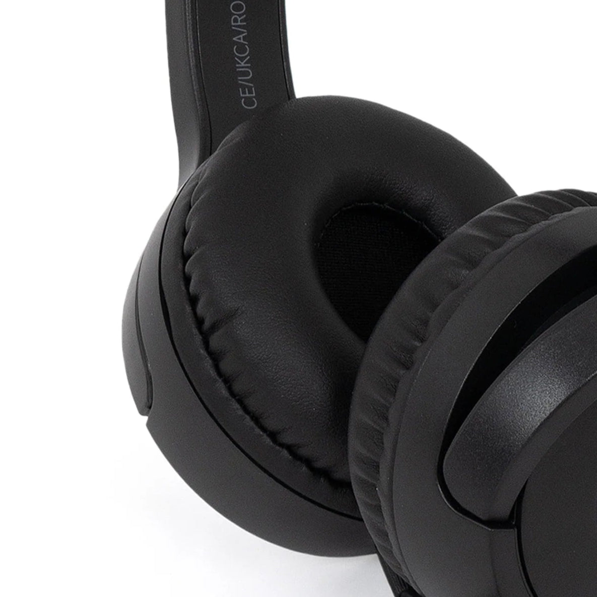 Black headphones with a purple logo on a white background