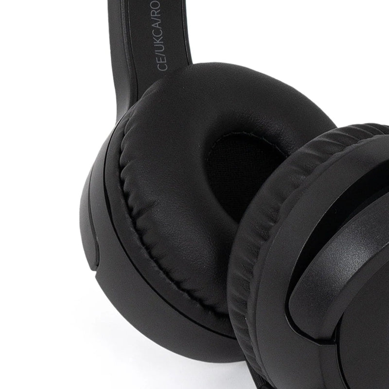 Black headphones with a purple logo on a white background