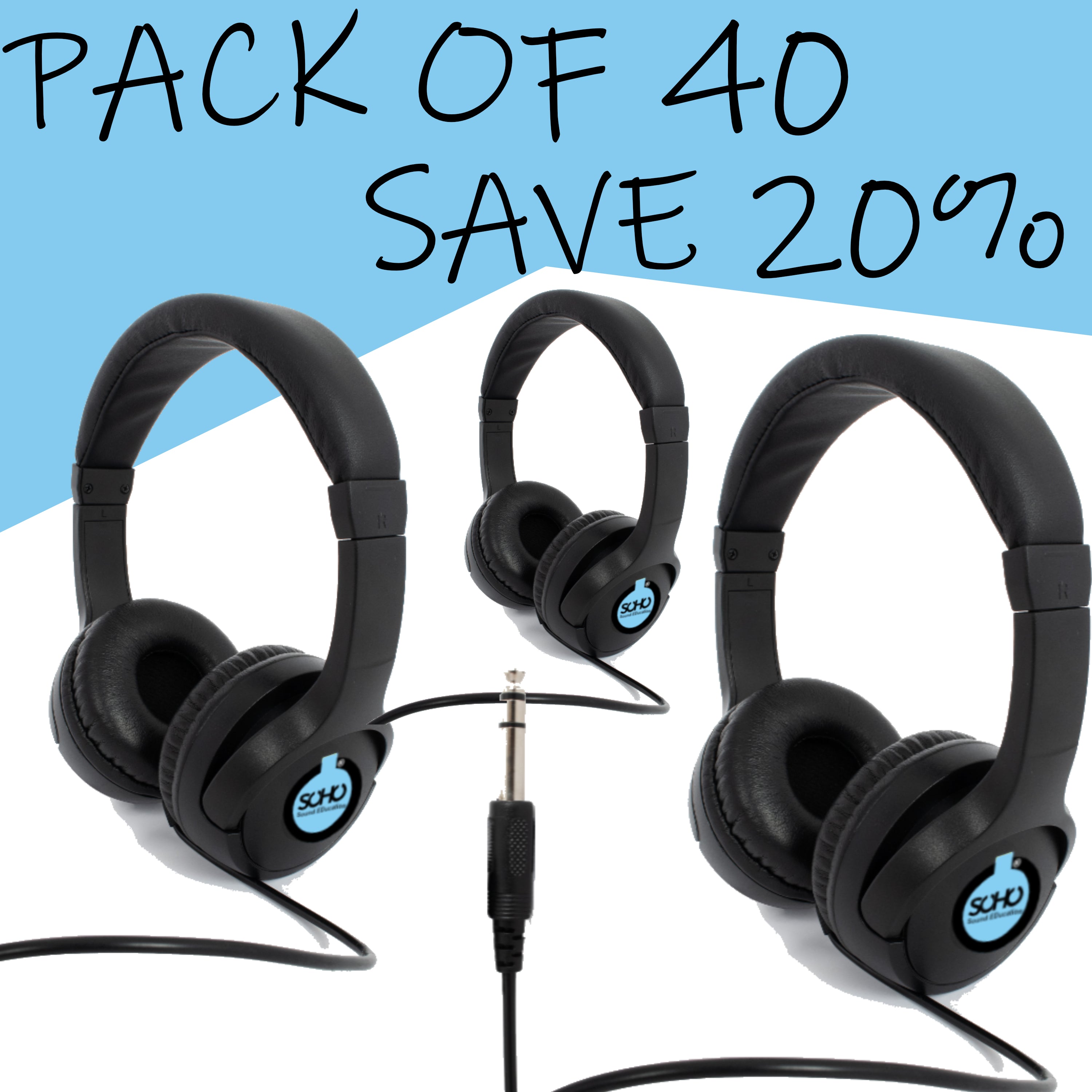 PACK OF 40 - SOHO SCHOOL BIG JACK on ear headphones (6.35mm jack plug)