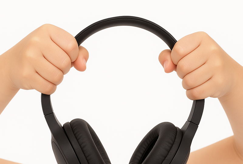 Black headphones held by two pairs of hands on a white background
